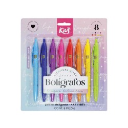 Bolígrafo Punto Fino Retractil Colores Fashion Blíster con 8 Piezas Kiut 557219