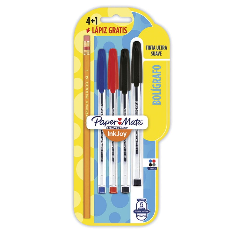 Bolígrafo Punto Mediano Stick Blíster con 4 Piezas + 1 Lápiz Kilométrico