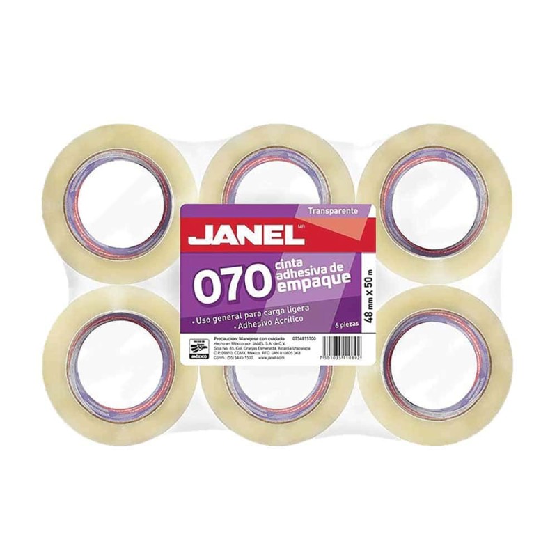 Cinta Adhesiva Transparente para Empaque de .48 x 50 m Paquete con 6 Piezas Janel