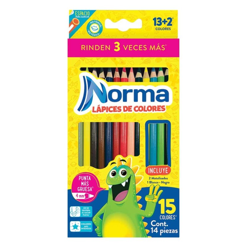 Lápices de Colores Caja con 12 Piezas + 2  Largos Redondos Norma