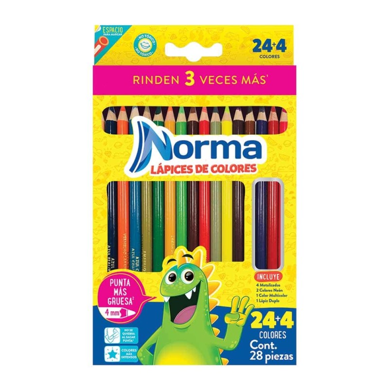 Lápices de Colores Caja con 24 Piezas + 4 Largos Redondos Norma