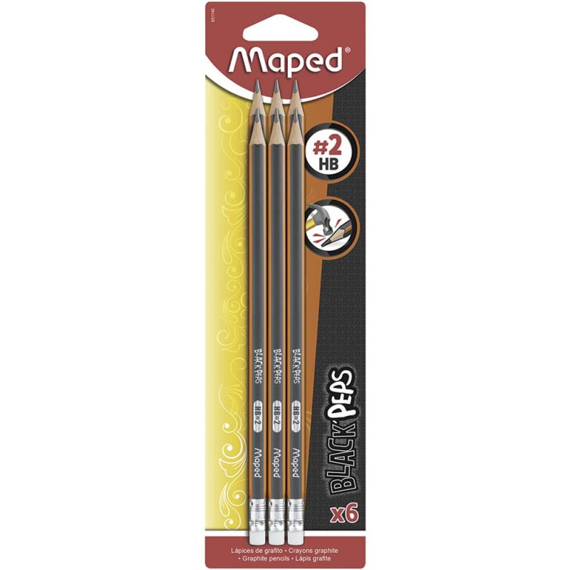 Lápiz con Goma Número 2 Triangular Blíster con 6 Piezas Black Peps Maped