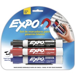 Marcador para Pizarrón Magnético Colores Surtidos con 3 Piezas + Borrador Expo