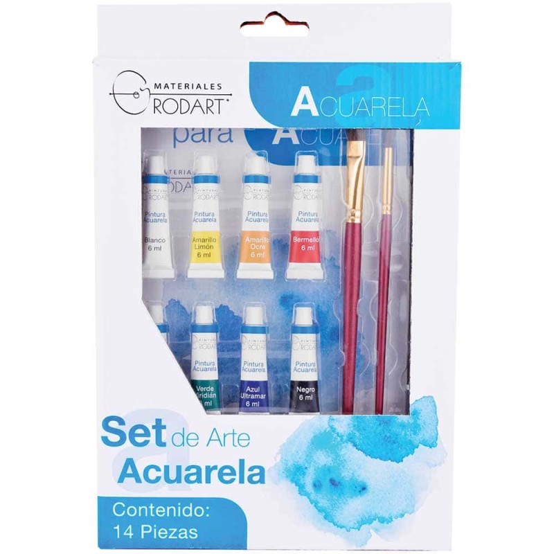 Set de Arte Acuarelas con 14 Piezas (8 Acuarelas, 1 Block, 2 Pinceles, 1 Lápiz HB, 1 Sacapuntas y 1 Goma) Rodart Rodin 30088